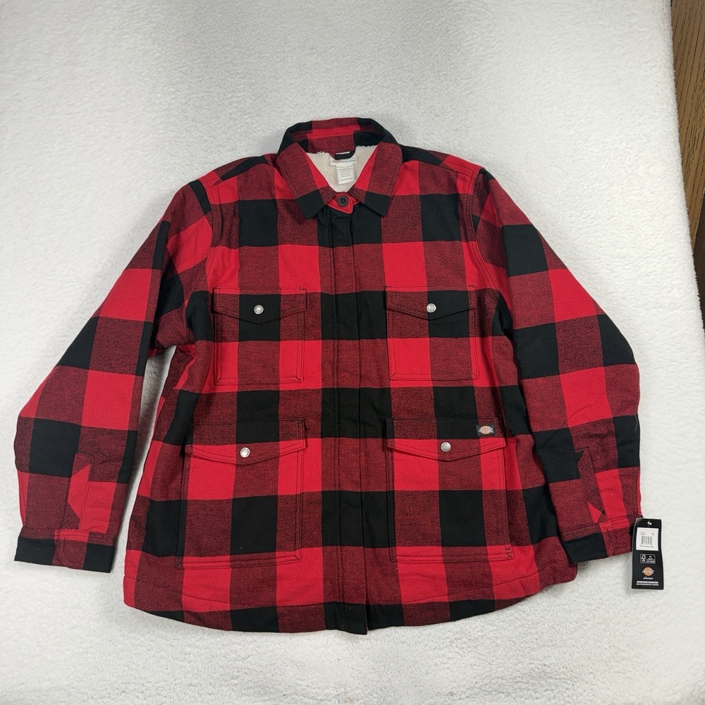 Dickies Womens Sherpa Lined Jacket Flannel Chore Coat Plaid Red Black XL NWT